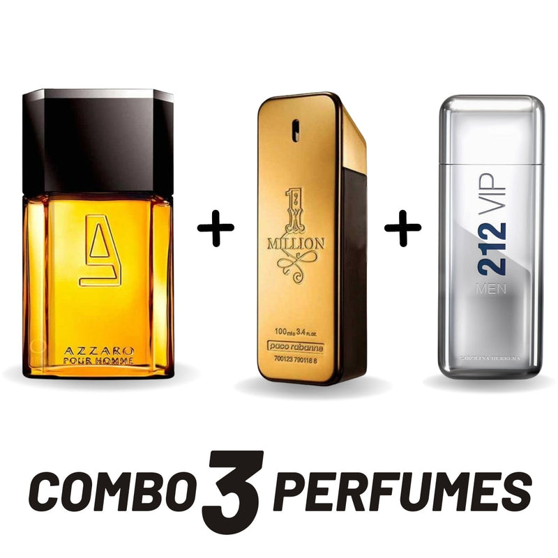 Combo Perfumes Masculinos: Azzaro, 1 Million, 212 Vip Men - Fixação Duradoura