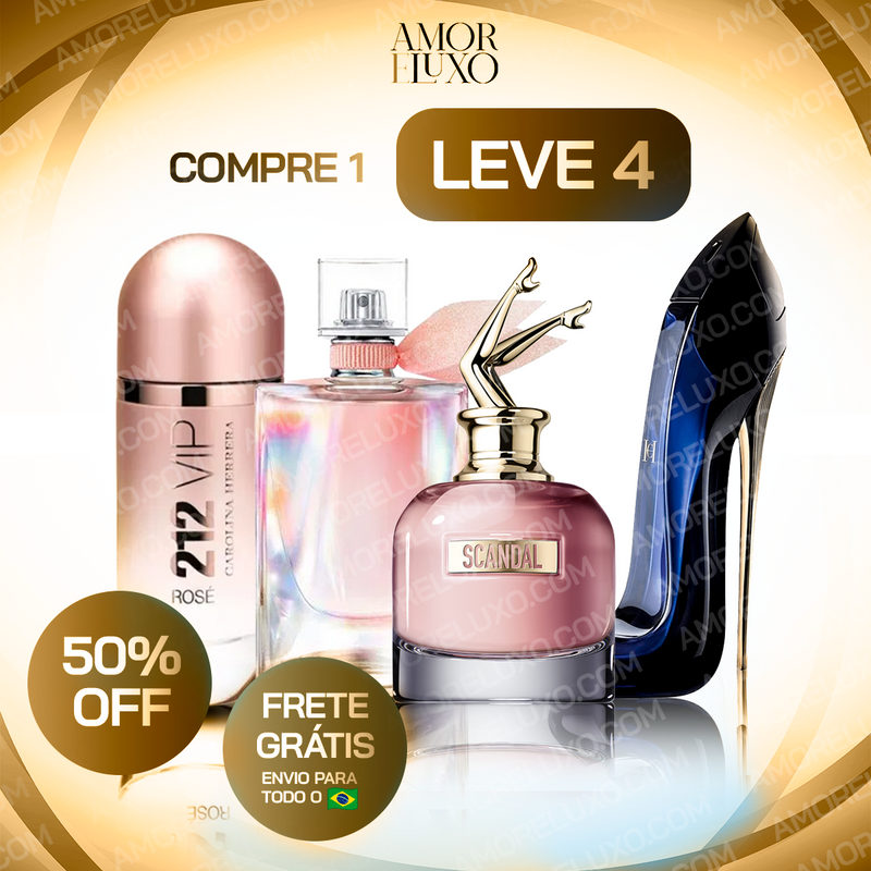Kit Essencial 4 Perfumes Femininos: Scandal, 212 VIP Rosé, La Vie Est Belle, Good Girl