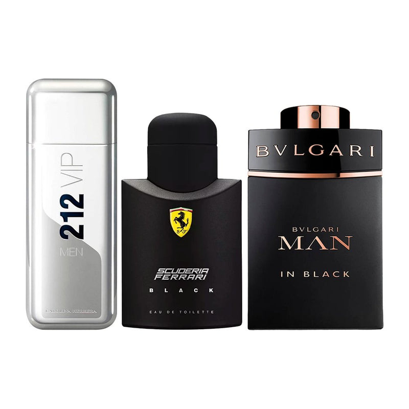 Trio Perfumes Masculinos Premium: 212 VIP, Ferrari Black, Bvlgari In Black