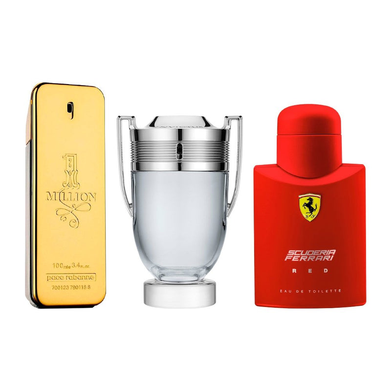 Combo 3 Perfumes Masculinos: 1 Million, Invictus, Ferrari Red - Fixação Intensa